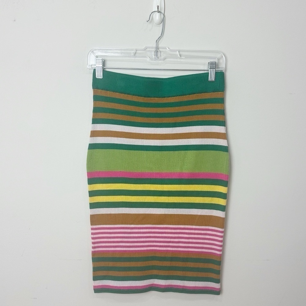 BCBGeneration Multi Stripe Ribbed Knit Tube Skirt Green Pink Yellow